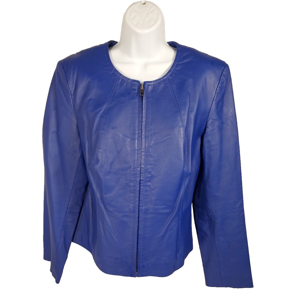 Newport News Womens Blue Leather Long Sleeve Round Neck Full-Zip Jacket Size 10‎